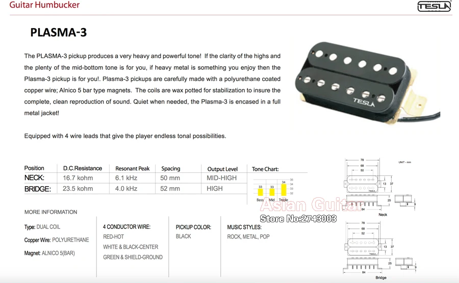 Tesla PLASMA-3 Humbucker Alnico Pickups, Black Color Dual Coil Wax Potted Guitar Pickup, Neck or Bridge Position Pickup