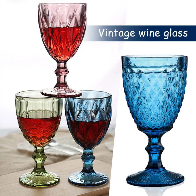 

240ml/300ml Colorful Glass Goblet Champagne Cup Vintage Wine Glass Cocktail Glass Juice Cup Home Bar Creative Relief Wine Glass