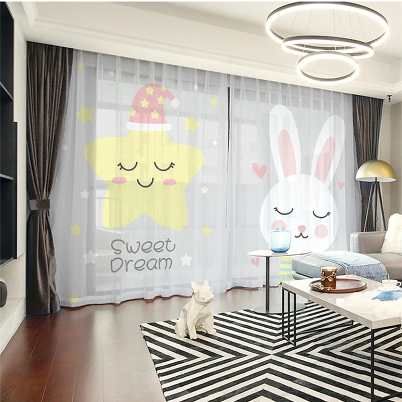 

Custom Chiffon Curtain Window Drape for Nursery Kids Children Living Room Hare Rabbits Star Khaki Gray Brown Pink Blue