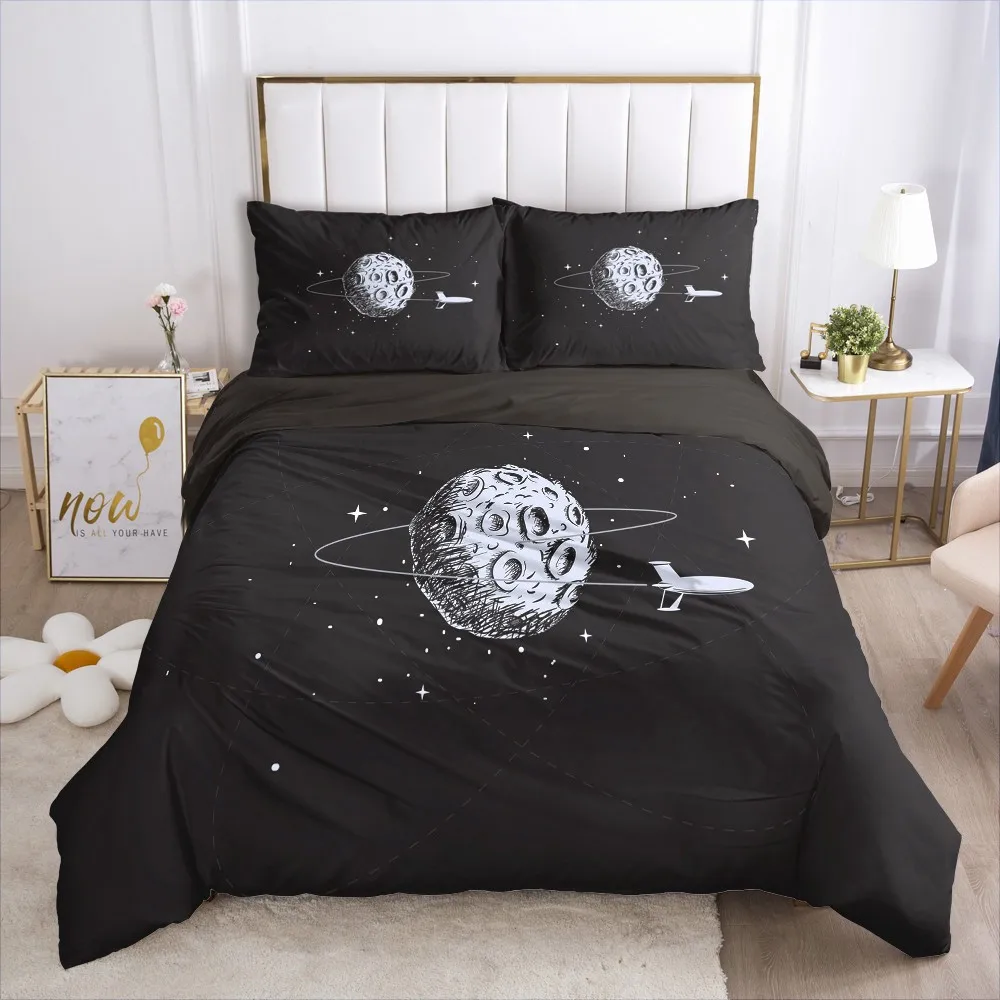 3D Black Bedding Sets Duvet Cover Set Quilt/Comforter/Blanket Cases Pillow case Cartoon Space Design Full Double size Bed Linen