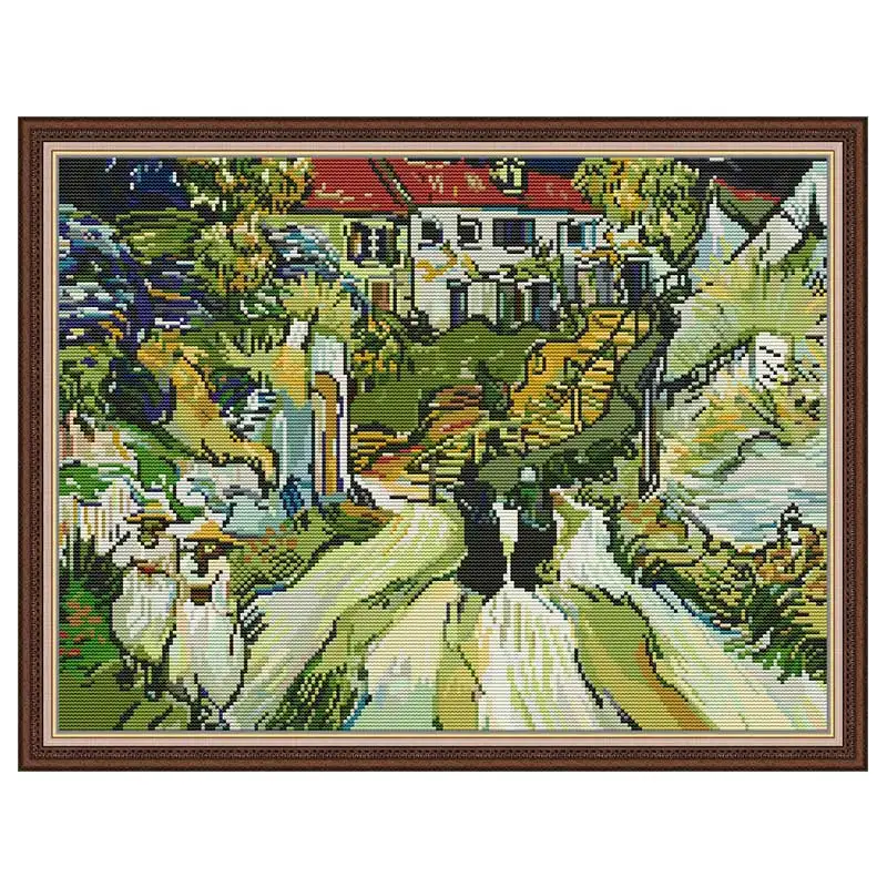 Van Gogh-Ovi Street and Stairs Counted Cross Stitch Kits 11CT 14CT Printed DIY DMC Cross Stitch Set Embroidery Needlework