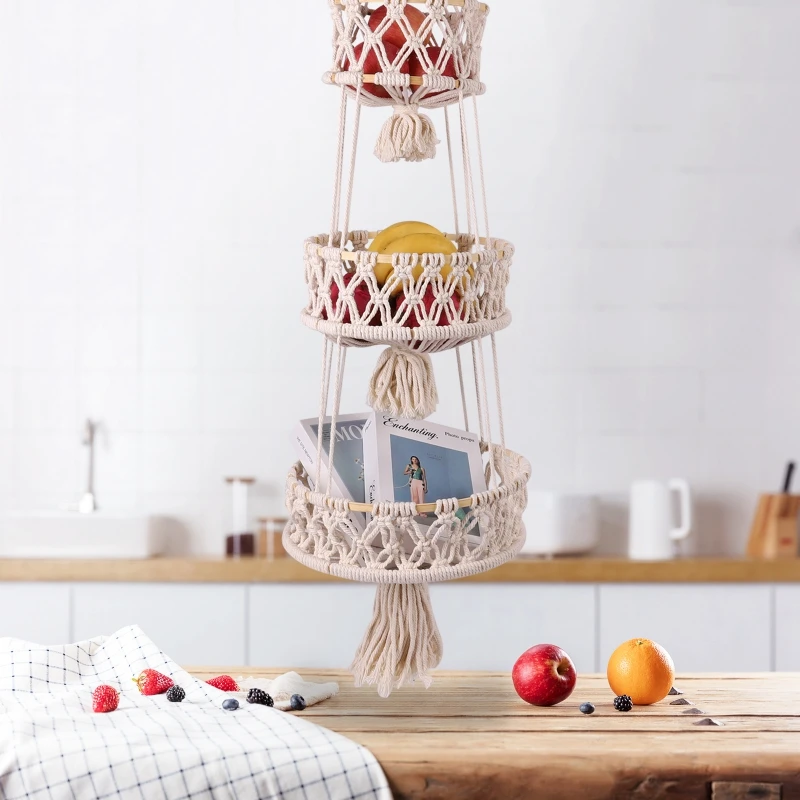 Multi-use 3 Tier Hanging Fruit Basket for Kitchen Boho Style Macrame Hanging Basket for Storage Fruit  Indoor Decor