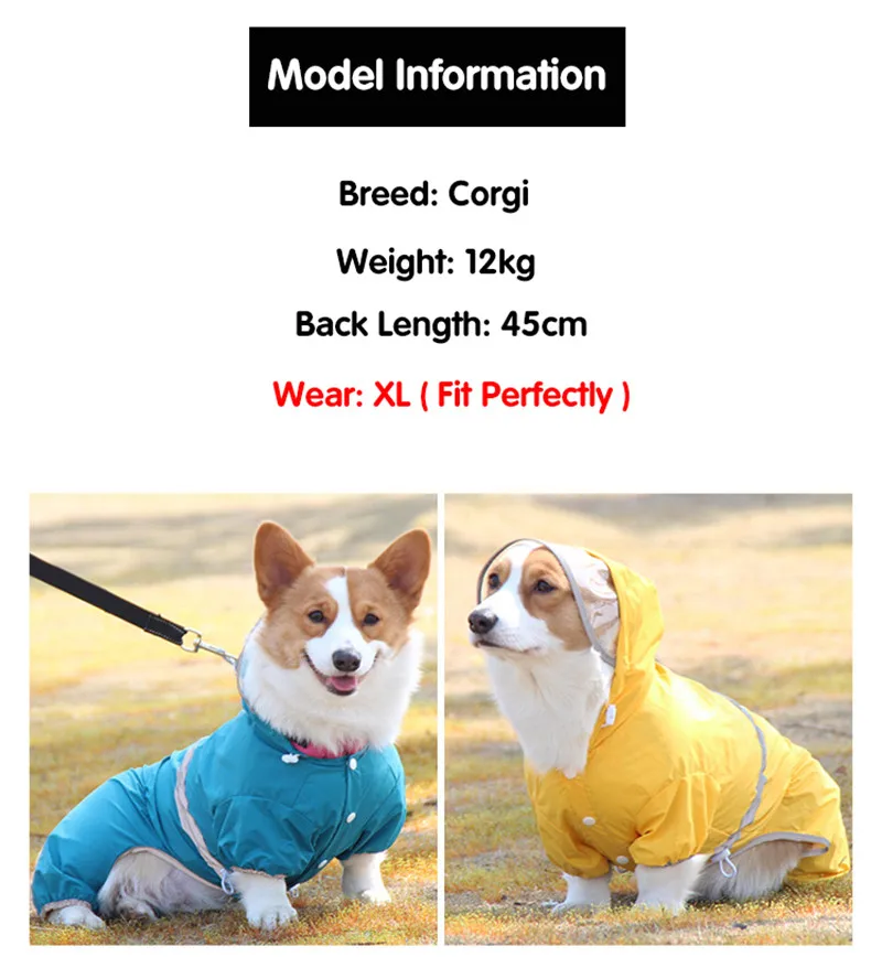 Pet Dog Raincoat for Corgi Dachshund Waterproof Dog Rain Jacket Light Weight Breathable 4 Feet Hooded Pet Rain Poncho Adjustable