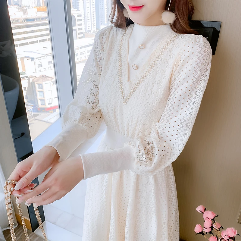 

Fashion Long Sleeve Lace Dress Women's Clothing Spring Autumn Dress 2023 New Knitted Dresses D1189