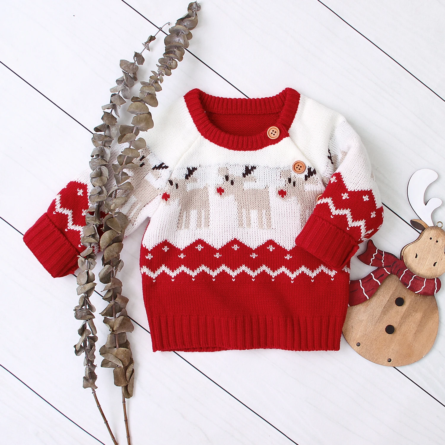 Christmas Children Girls Boy Knitted Cartoon Sweater Round Neck Long Sleeve Loose Sweater with Elk Pattern for Spring and Winter