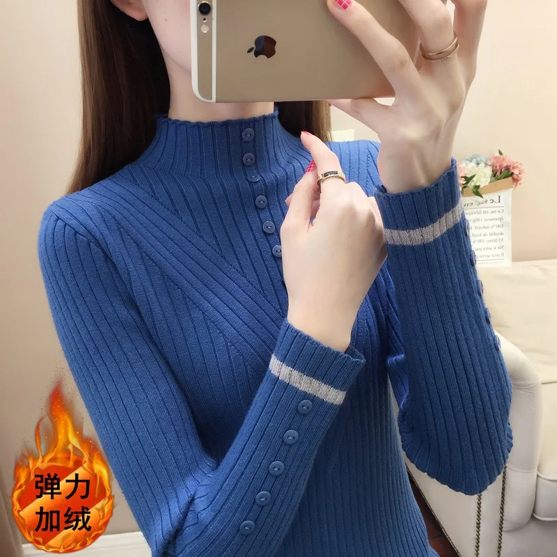 

Women's Sweater Winter Warm Velvet Thickened Half Turtleneck Pullovers Fashion Soft Female Knitted Sweater Jumper Femme 439