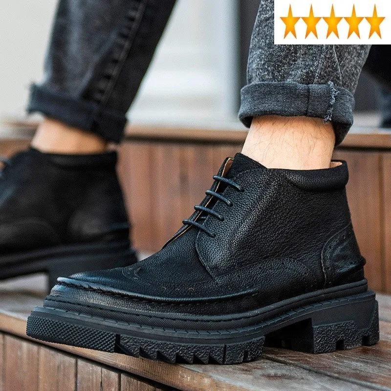 Carved Thick Cowhide Bottom Genuine Leather Tooling High-Top Round Toe Lace Up Fashion Mens Ankle Boots