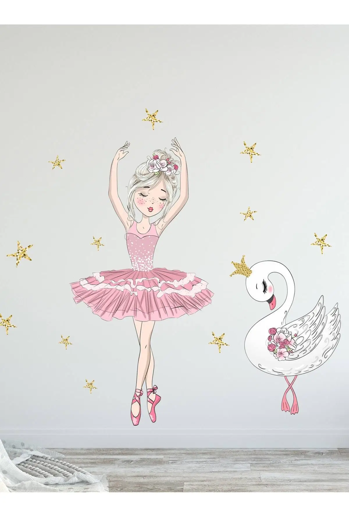 

Children Room Pink Ballerina And Swan Wall Sticker Decals Ballerina 75Cm Swan 41Cm 56 Pcs Star With