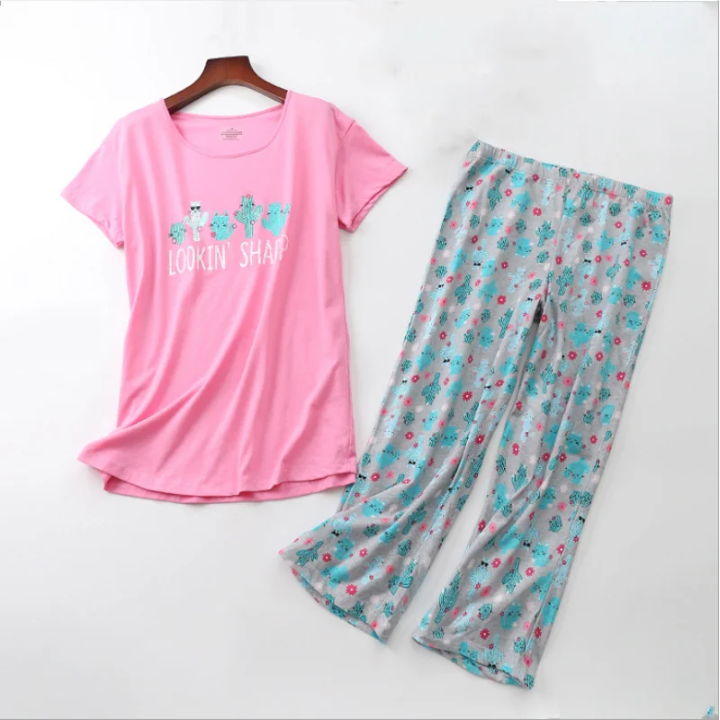 Conjunto de pijama informal de dibujos animados para mujer, ropa de dormir de algodón, traje de cuello redondo, hasta la pantorrilla camiseta y pantalones, verano 2024