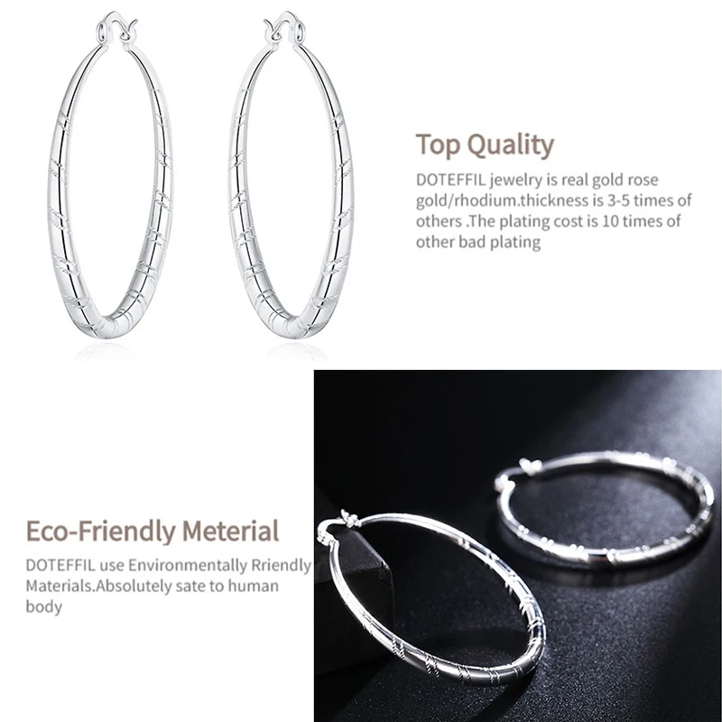 DOTEFFIL 925 Sterling Silver Round Circle 30/40/50/60mm Hoop Earring For Woman Fashion Party Wedding Engagement Party Jewelry