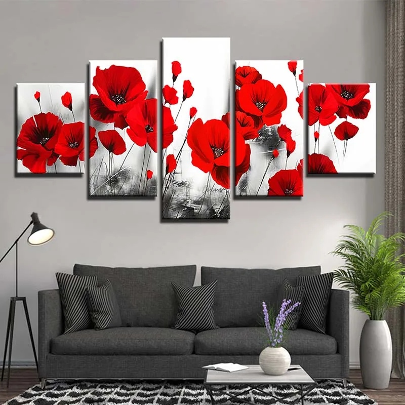 5 Panels/Set Red Poppy Flower Canvas Painting Landscape Rose Posters and Prints Wall Art Pictures For Living Room Art Decoration