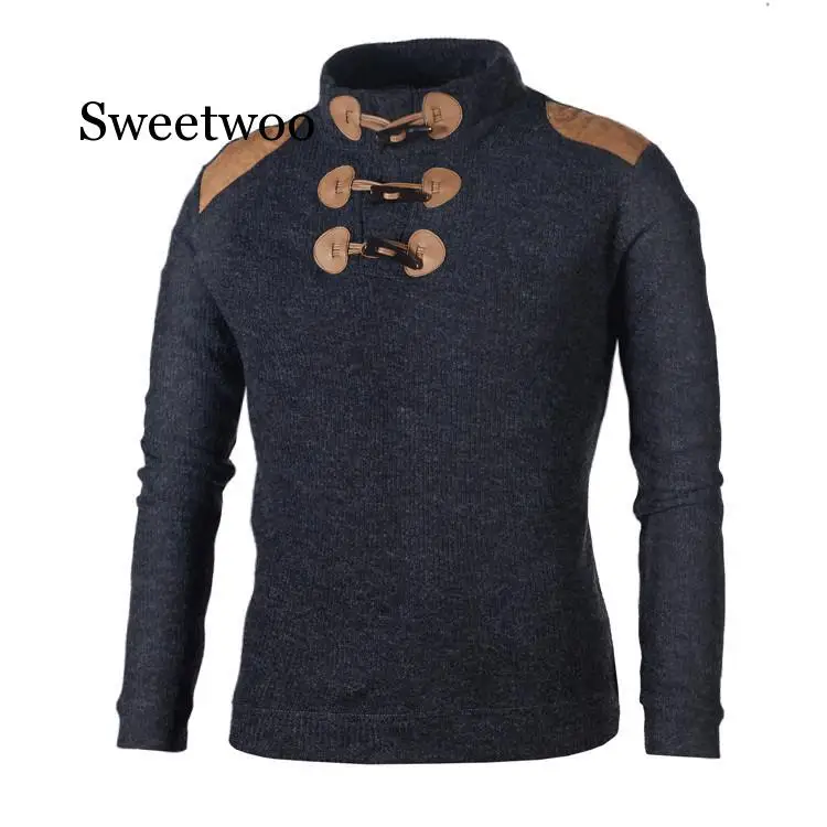 2020 Autumn Men\'s Sweater Pullover Male Long Sleeve Horn Button Knitted Turtleneck Sweaters slim fit Black Gray Pullovers