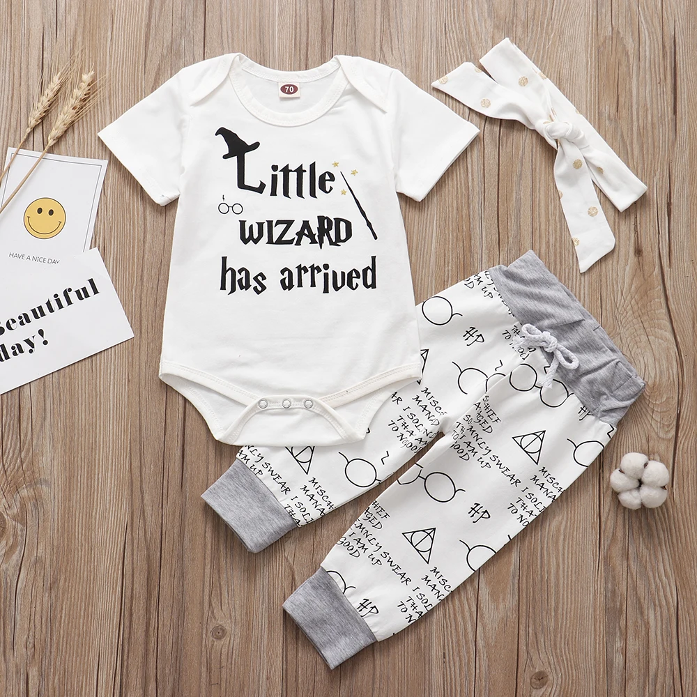 2023 New Infant Baby Clothing Set Little Wizard Has Arrived Letter Print Romper+Pants+Hat 3PCS Babe Outfit