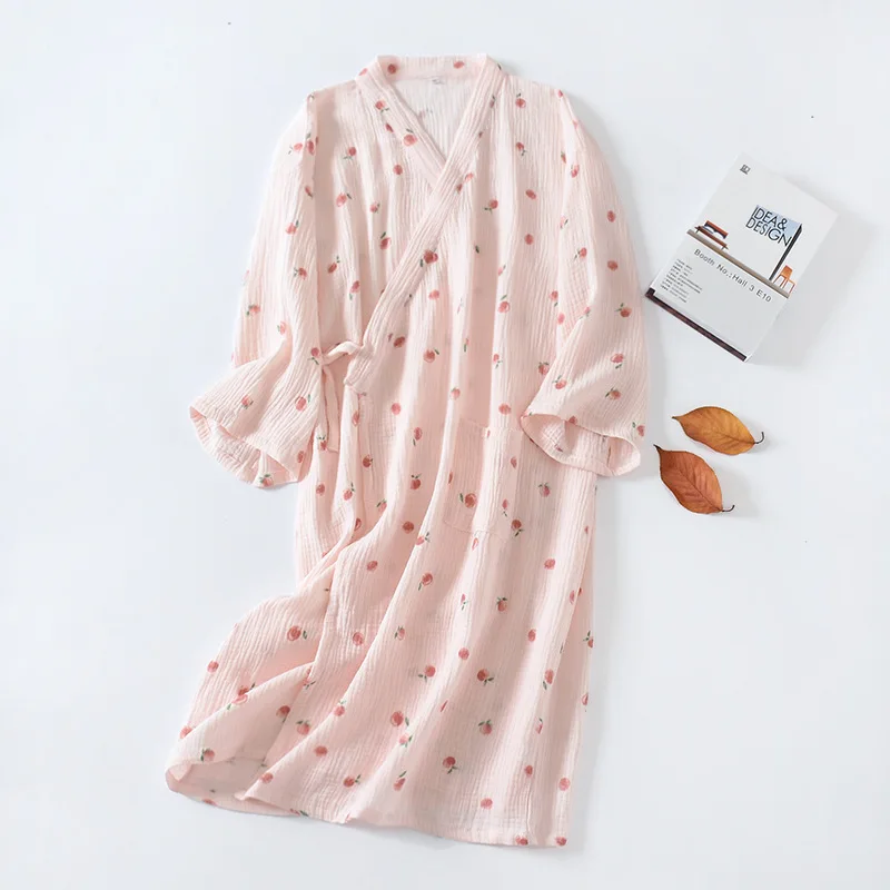 Japanese Kimono Robes for Women 100% Cotton Gauze Bathrobe Summer Thin Sleepwear Long Sleeve Nightgown Plus Size Dressing Gown