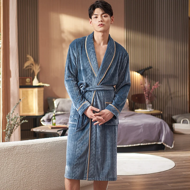 

2022 Autumn Winter Bathrobe Men Island Fleece Sleep Tops Kimono Robes For Male Flannel Robes Long Bath Robe Bride Dressing Gown