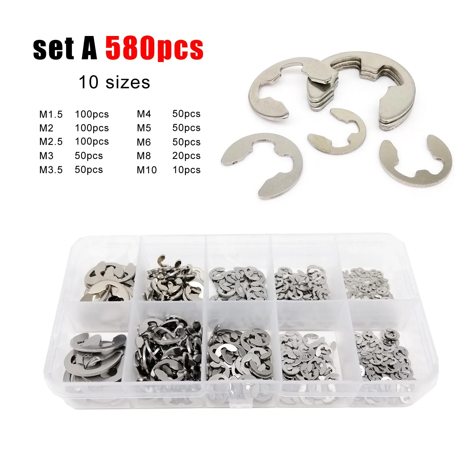 580/1000pcs Assortment Kit Set Box M1.2 to M15 304 Stainless Steel External Retaining Ring E Clip Snap Circlip Washer for Shaft