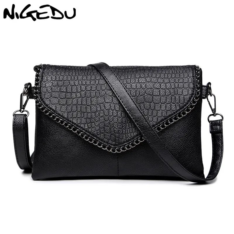 NIGEDU Casual Crossbody Bag Female Messenger Bags black PU Leather Women\'s Shoulder Bags Chain women Envelope clutch purses