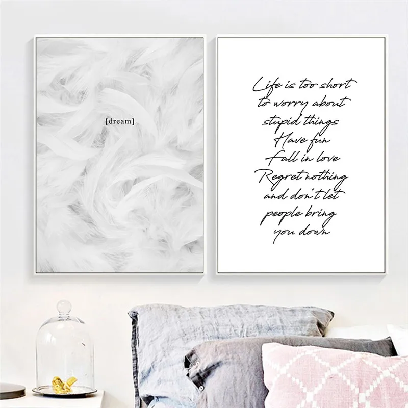Black White English Words Quote Wall Pictures Art Print Canvas Painting Feather Poster Art Wall Decor