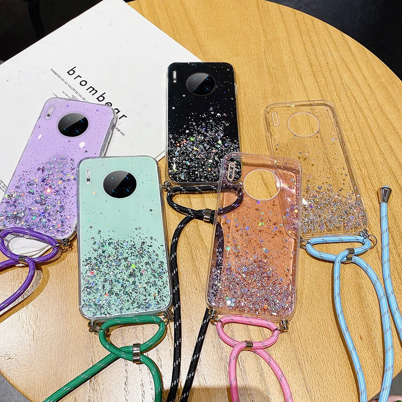 Luxury Bling Glitter Lanyard Silicone Phone Case For Huawei Mate 50 40 30 20 P50 P40 P30 P20 Pro Ultra-thin Necklace Strap Cover