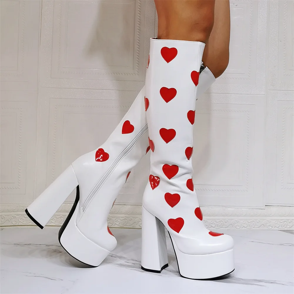 

Stylish Red Heart High Platform White Leather Knee Boots Woman Chunky Heel Festival Boots Super High Heel Patchwork Knight Boots