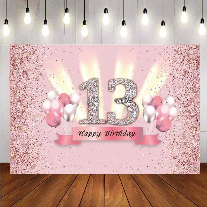 

Sweet 13th Backdrop Pink Balloon Rose Gold Glitter Lady Happy Birthday Party Photography Background Photo Studio Banner