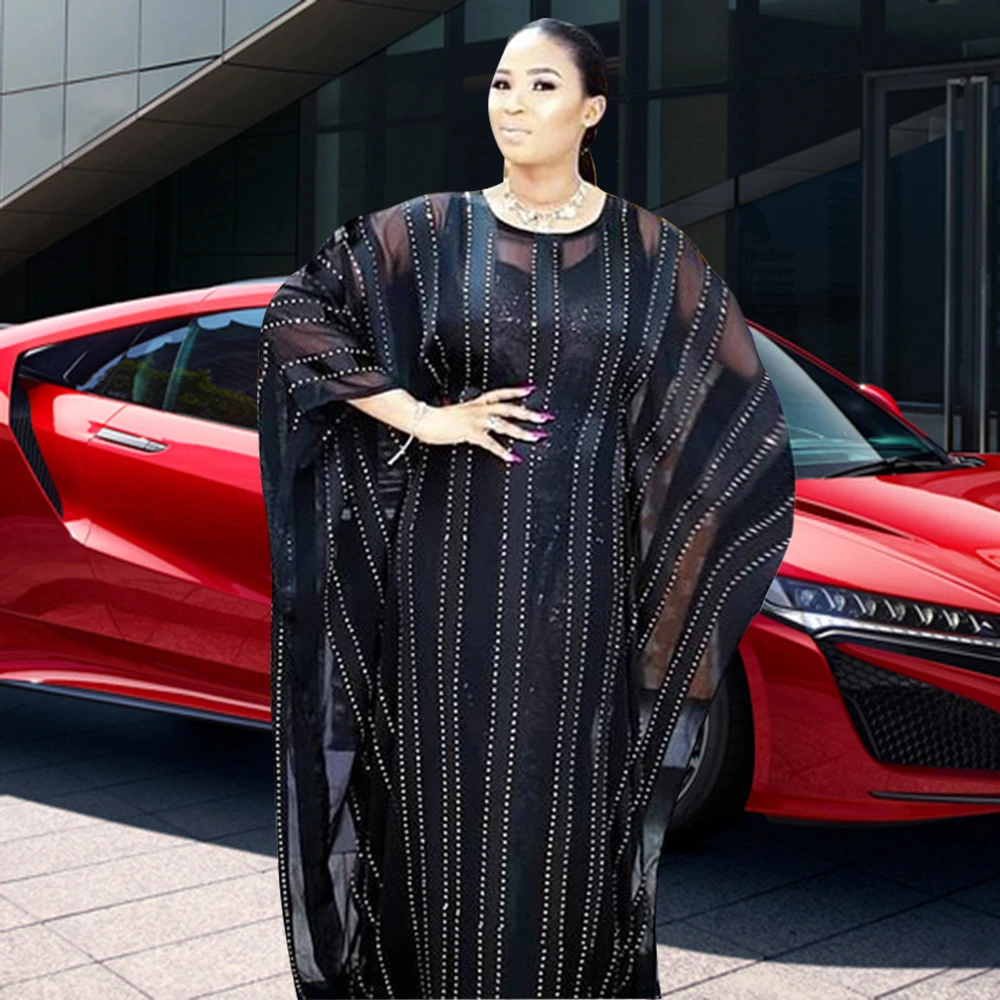 

Pure Black Stripe Dresses For Women 2021 Latest O-collar Long Bat Sleeve Classic Africa Clothing Casual Lady Vestidos