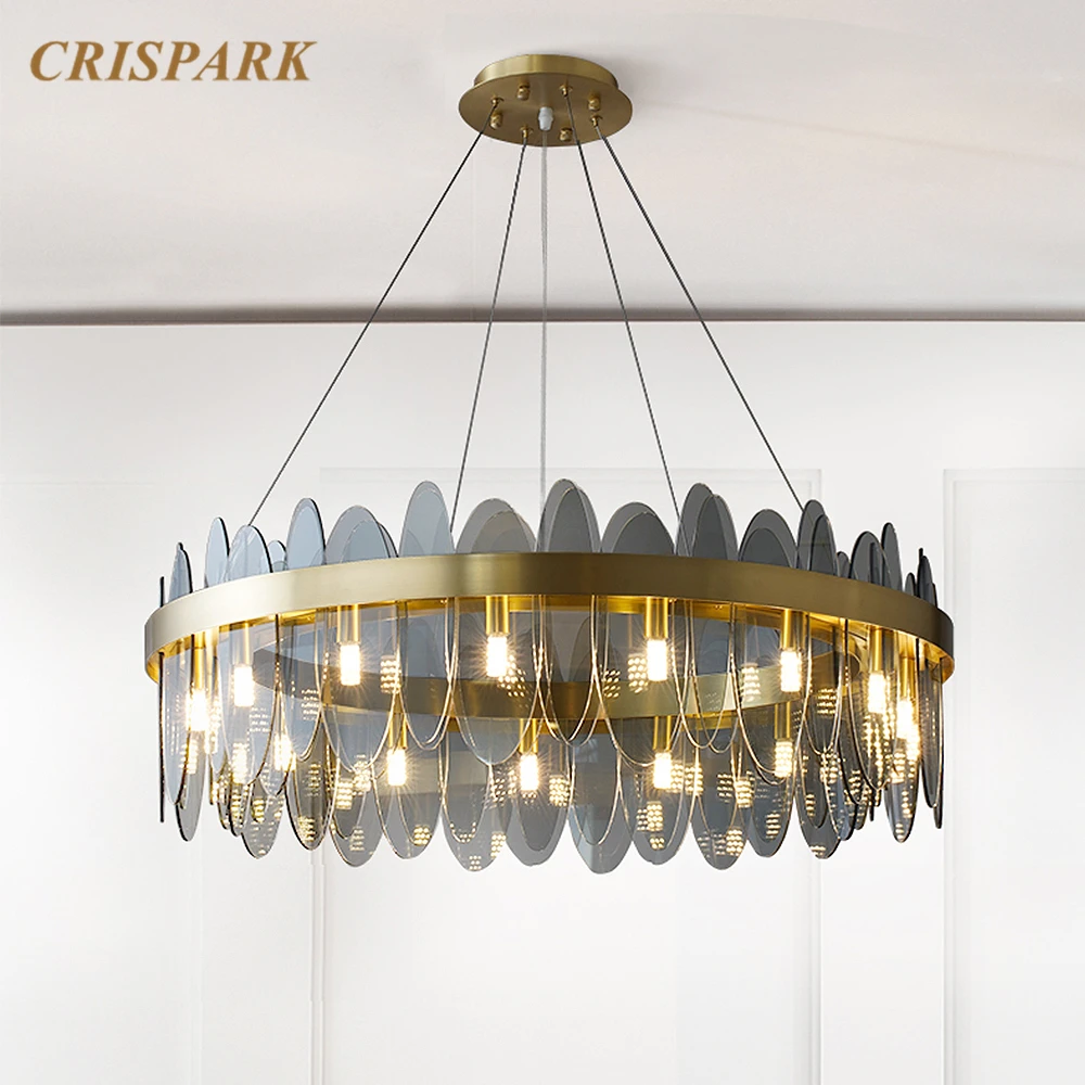 

Smoke Crystal Chandelier Lighting LED Round Ceiling Lamp Nordic Indoor Light Fixture for Living Room Restaurant Kitchen Bar