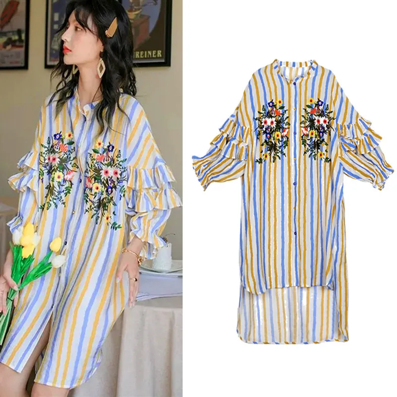 Lantern Batwing Sleeve Blouse Women Long Embroidery Floral Stripped Shirts Bohemian Irregular Blouse Blousa Shirtdress NZ35