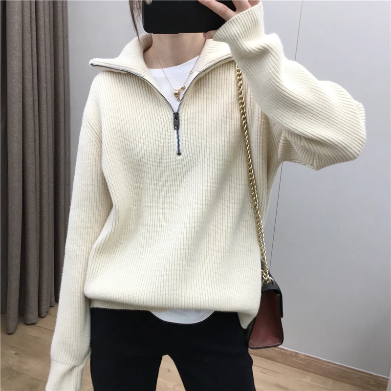 2024 Fall/Winter New Cashmere Sweater Woman 100% Merino Wool POLO Neck Pullover Loose Warm Knitwear Bottoming Clothing Tops