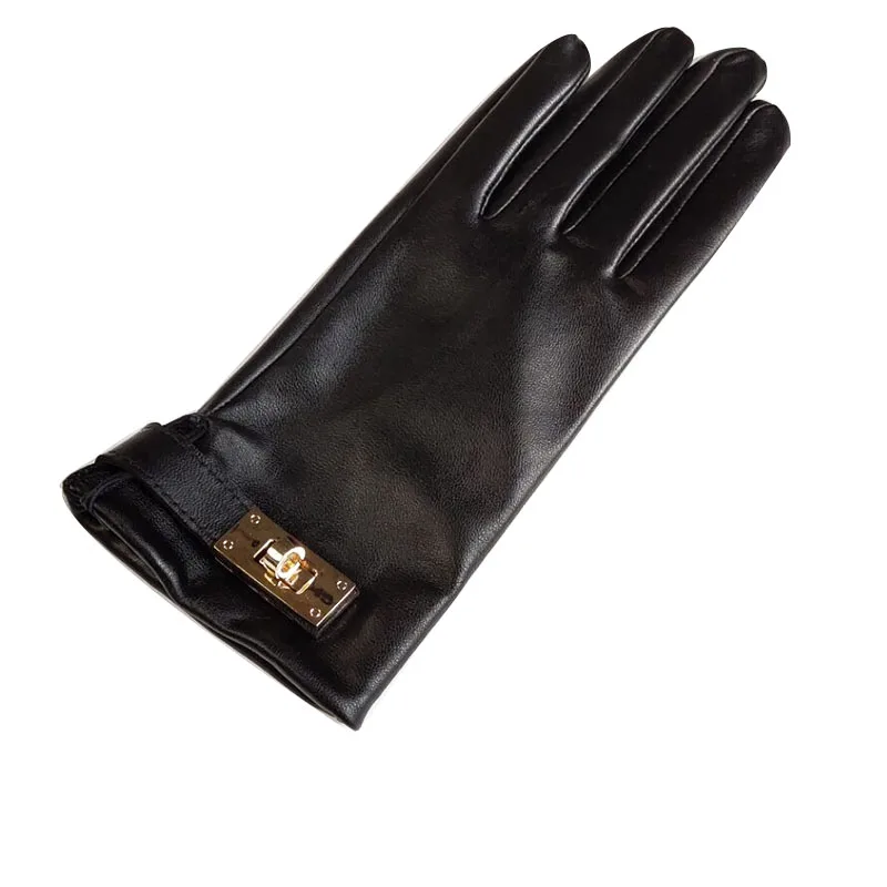 Women\'s Natural Sheepskin Leather Buckle Glove Female Fashion Genuine Leather Driving Glove R431