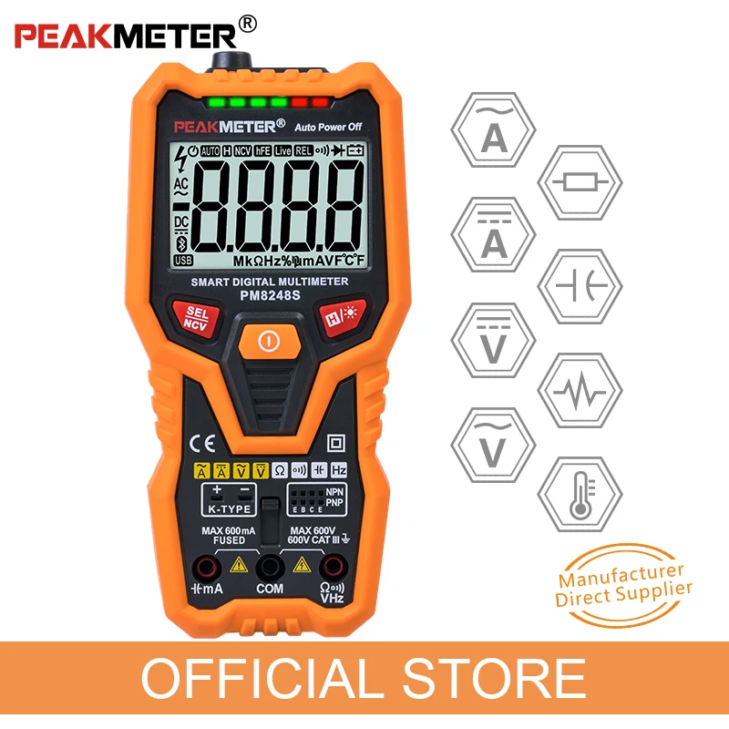 Peakmeter PM8248S Smart AutoRange Professional Digital Multimeter Voltmeter NCV Frequency Backlight Temperature Transistor test