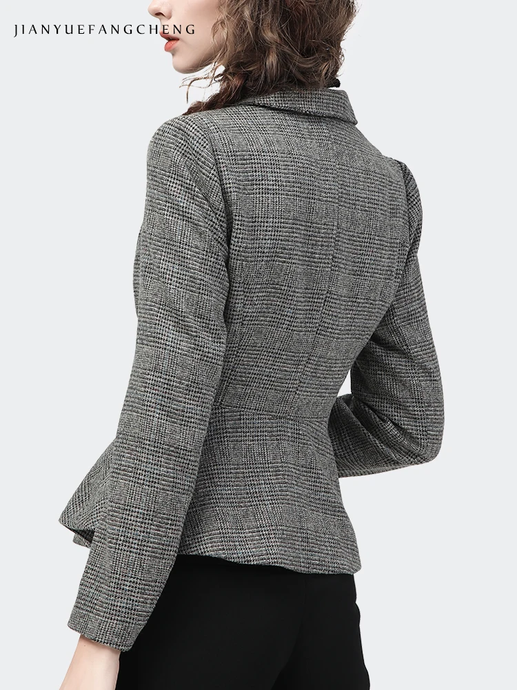 Vintage Grey Plaid Long Sleeve Women Blazer 2022 Autumn New Elegant Slim Suit Collar Short Jacket Office Ladies Working Blazers