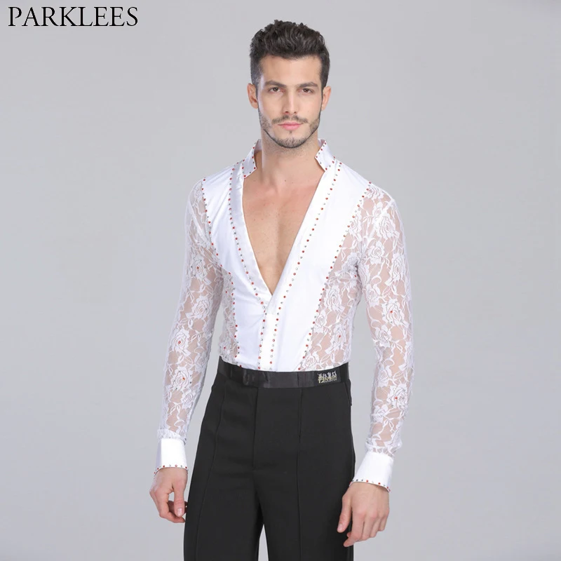 

Men's Professional Latin Lace Shirts Deep V Neck Tuxedo Leotard Shirt Male Long Sleeve Salsa Samba Chacha Modern Dance Chemise