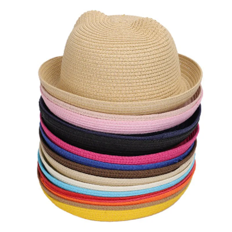 Beach Straw Hat 16 colors children\'s summer straw hat summer cool hat travel baby boys and girls cat ears Summer sun Cap F65