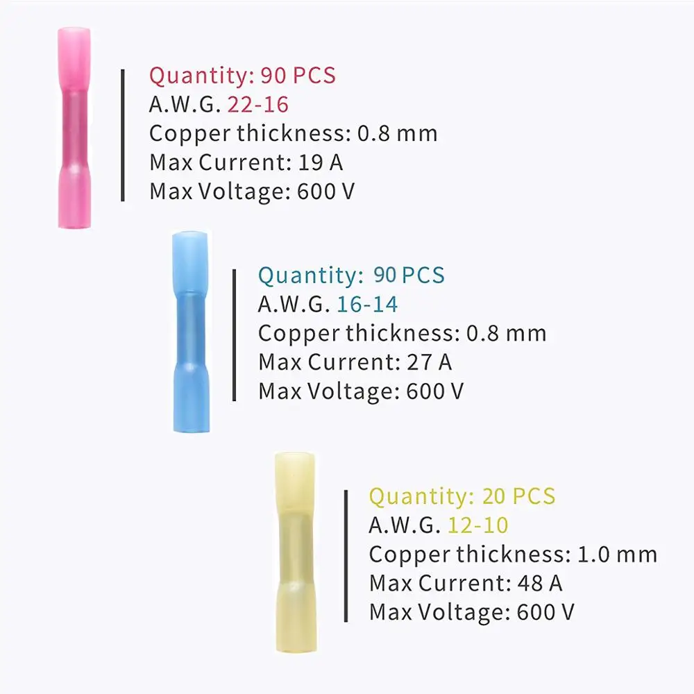100PCS Heat Shrink Butt Waterproof Connector Wire Copper Pipe Connector Cable Heat Shrink Crimp Terminal Red blue yellow