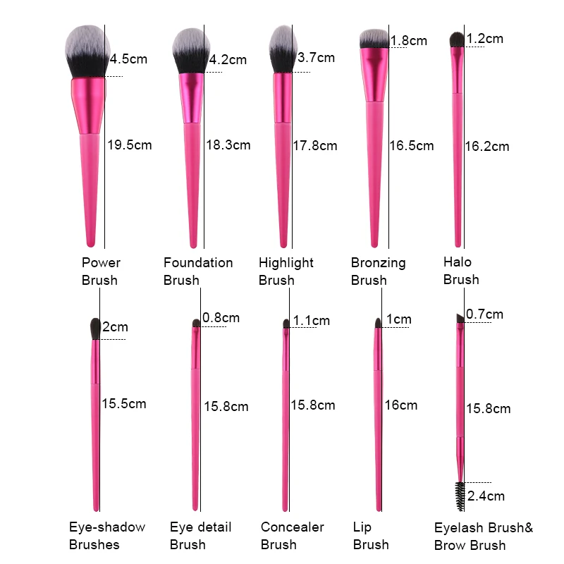 10Pcs Makeup Brushes Powder Foundation Highlight Eye-shadow Concealer Lip Eyelash&Brow Bronzing Brush Set Cosmetics Brushes Red