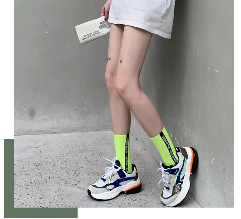 Fashion Socks Women Fluorescence Colour Sock Female Tide Street Section Korean Socks  Stripe Letter Sports Socks 3 Pair/Box