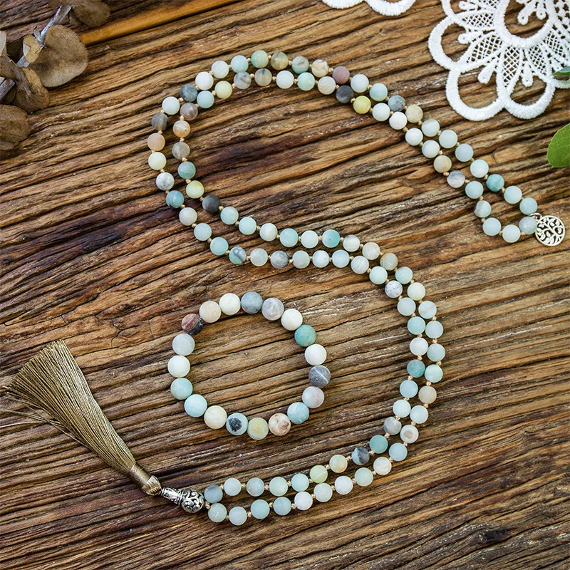 

8mm Matte Amazonite Stone Beaded Knotted Necklace 108 Japa Mala Meditation Yoga Tibetan Pendent Jewelry 10mm Bracelet Sets