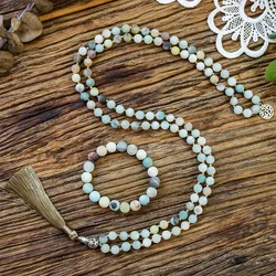 8mm Matte Amazonite Stone Beaded Knotted 108 Mala Prayer Necklace Meditation Yoga Jewelry Japamala Set for Men and Women