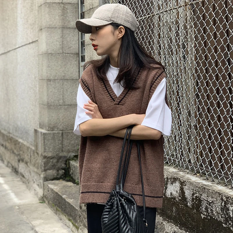 JMPRS Autumn Simple All Match Vest Women V Neck Black Knitted Sweater Sleeveless Student Tanks Korean Fashion White Waistcoat