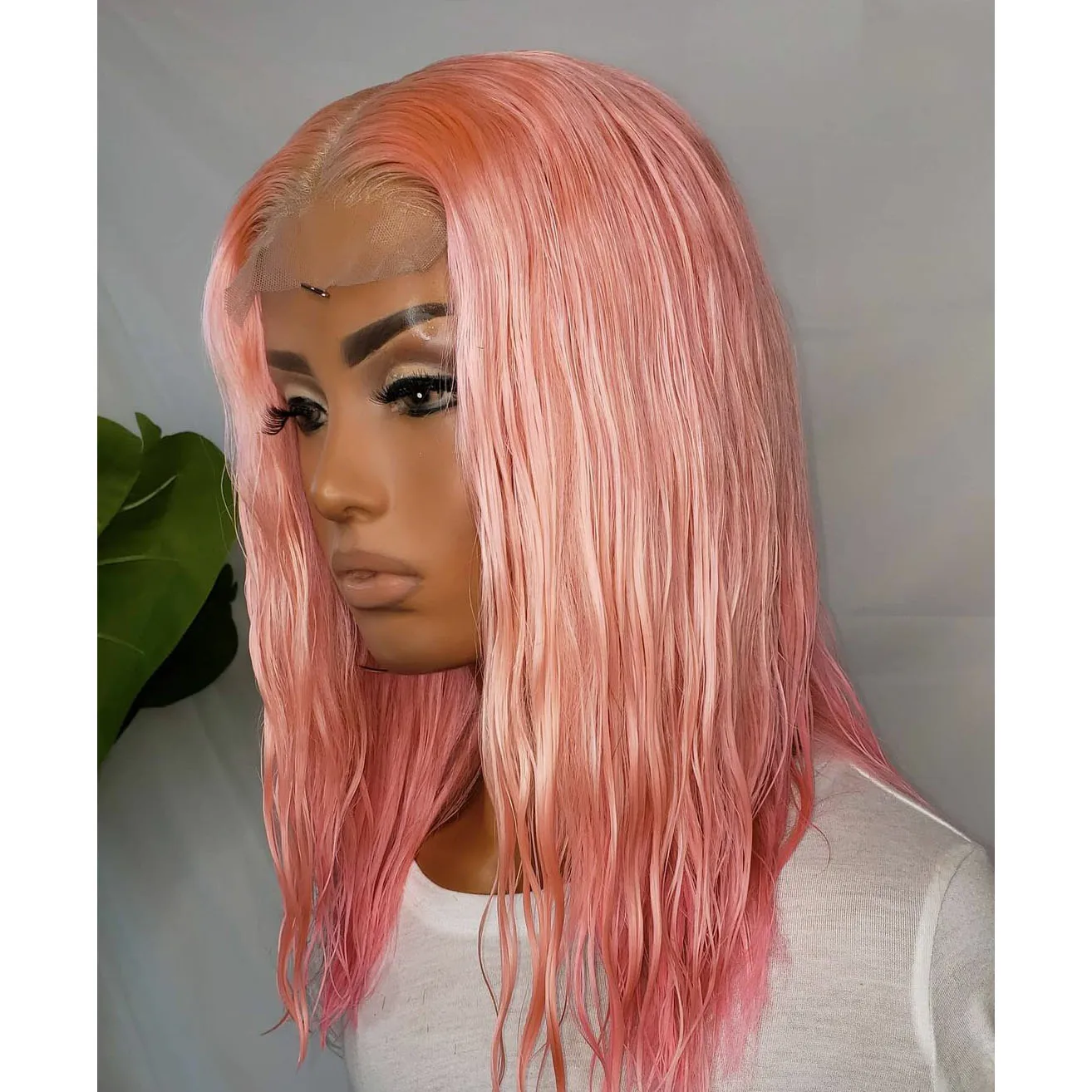 

Middle Part Light Pink Lace Frontal Human Hair Wigs Glueless Preplucked Remy Hair With Baby Hair Short BOB Wig For Women