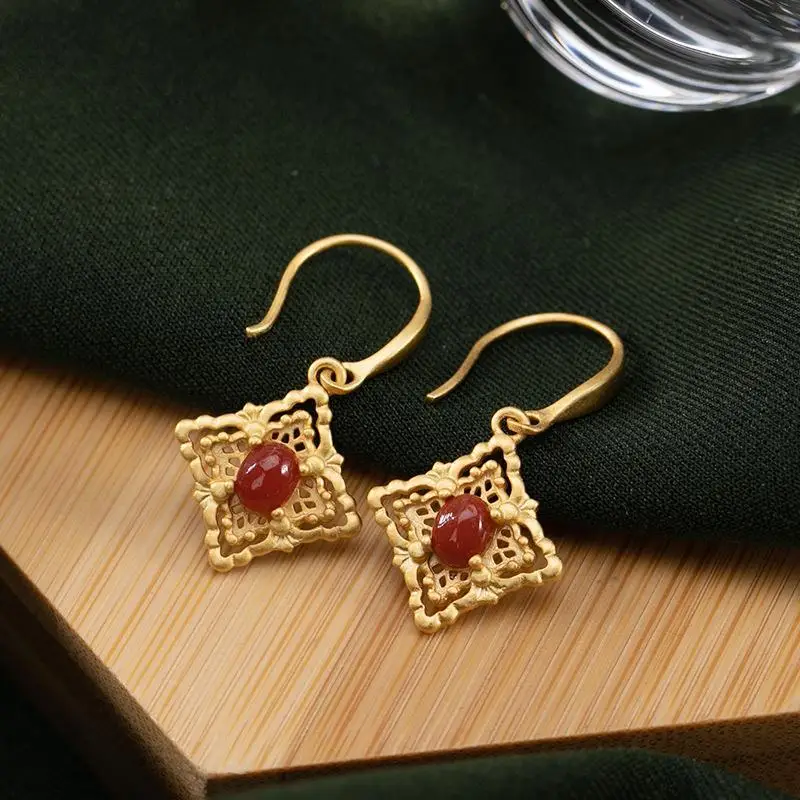 Independent design ancient gold craftsmanship south red tourmaline square earrings exquisite and elegant ladies silver jewelry