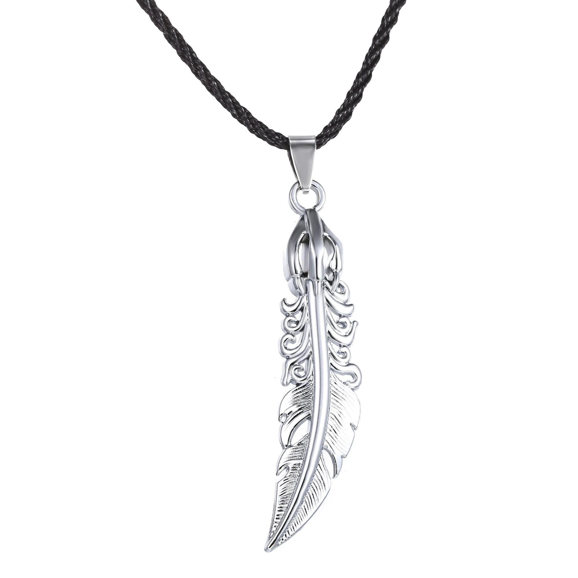 Rinhoo Vintage Feather Pendant Necklace Women Men Stainless Steel Jewelry Adjustable Leather Chain Party Banquet Gift