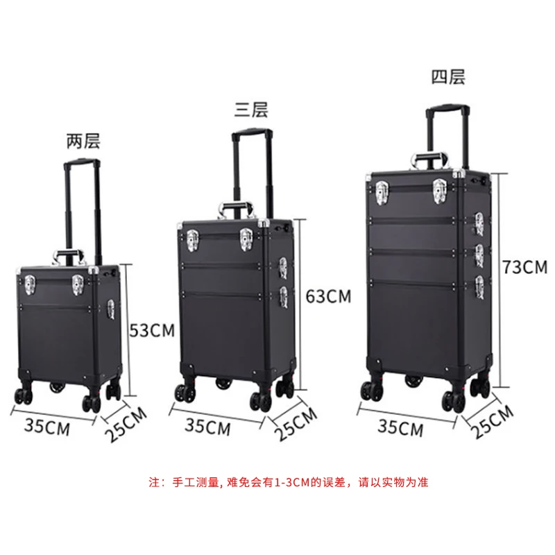 Luxury Beauty Makeup Barber Suitcase On Wheels Black Aluminum Case Lights And Mirror Hairdresser Case Trolley Cosmetics Tool Box