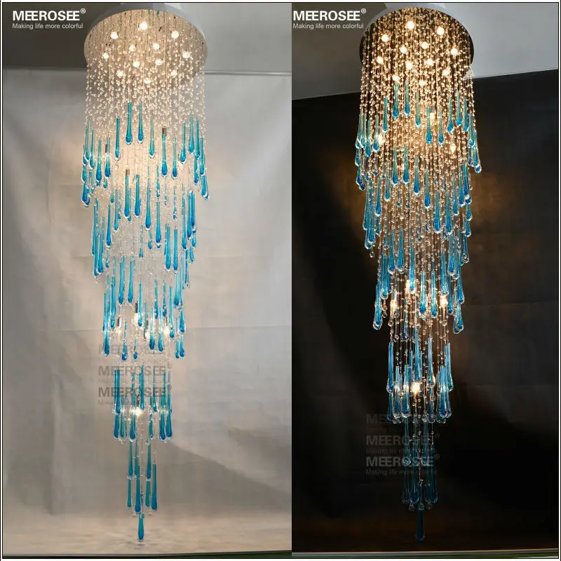 Royal Blue Crystal Chandelier Light Fixture Long Large Modern Ceiling Lamp For Staircase Lustre Stairs Foyer Indoor Lighting