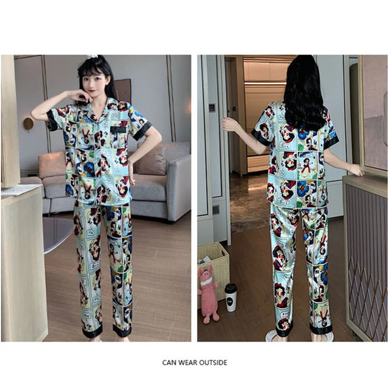 Mickey and Minnie Princess print pajamas women summer ice silk short-sleeved trousers thin summer silk home service suit