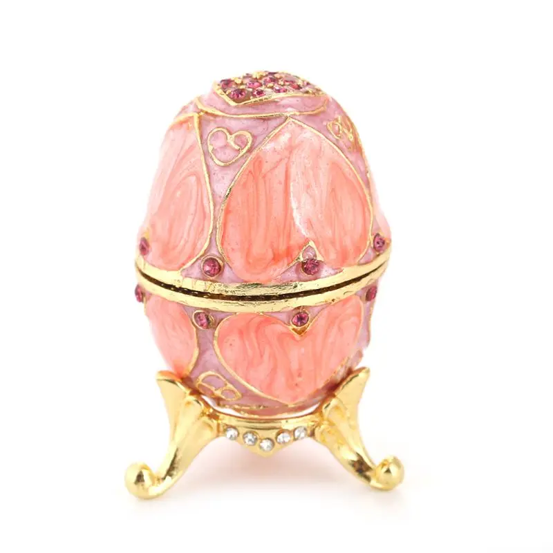 Pink Faberge-Egg Hand Painted Jewelry Trinket Box Gift for Easter Home Decor