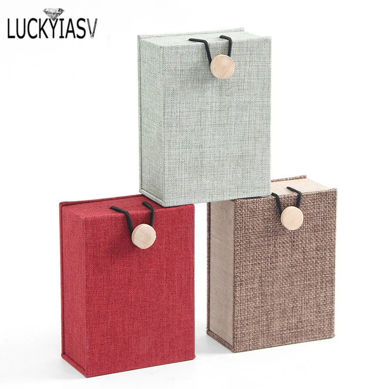 3 Colors Retro Luxury Linen Pendant Box Rectangular Flax Calligraphy Earring Pendant Storage Gift Box For Necklace Display