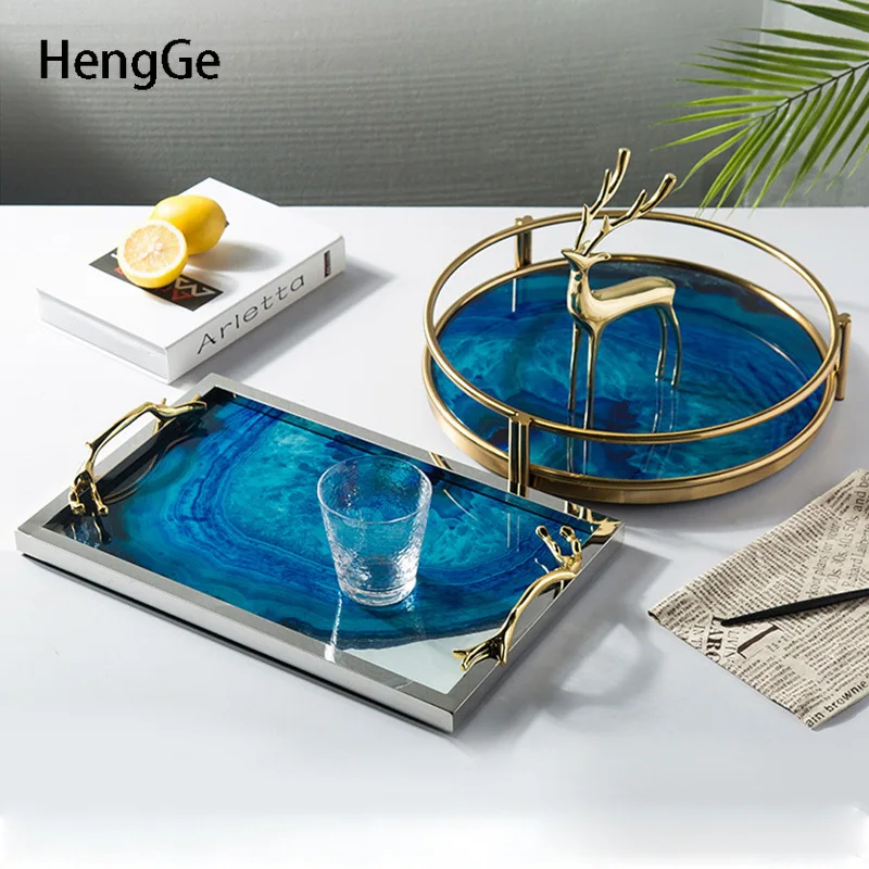 

Light Luxury Glass Tray Creativity Agate Stone Texture Round Shape Trays Decorative Tableware Fruit Storage Plate Art Decoration