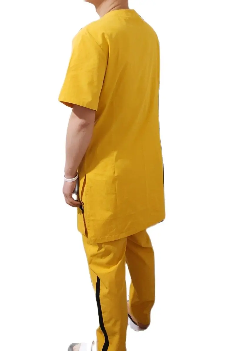 O-collo uomo tuorlo giallo camicie patchwork e pantaloni solidi abiti da sposo da uomo di moda africana su misura abiti da festa di nozze